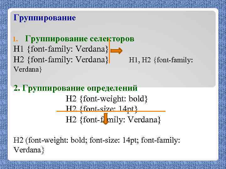 Группирование селекторов H 1 {font-family: Verdana} H 2 {font-family: Verdana} H 1, H 2