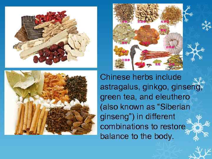 Chinese herbs include astragalus, ginkgo, ginseng, green tea, and eleuthero (also known as “Siberian