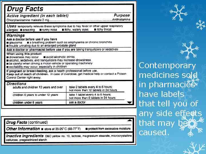 Contemporary medicines sold in pharmacies have labels that tell you of any side effects