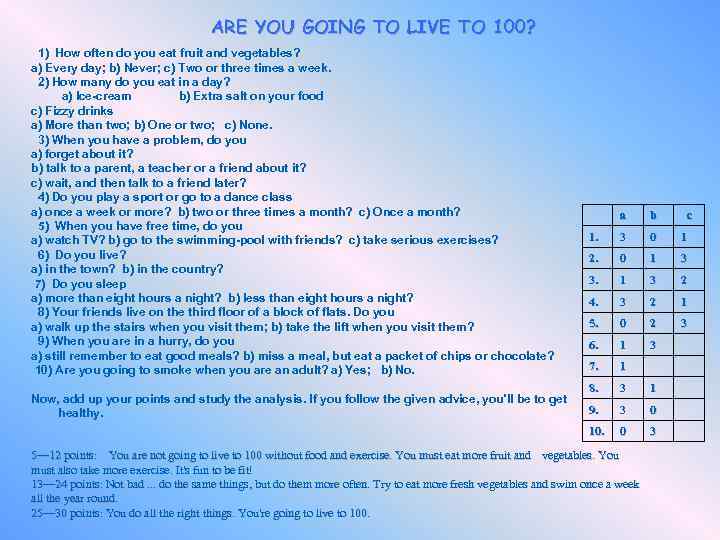 ARE YOU GOING TO LIVE TO 100? 1) How often do you eat fruit