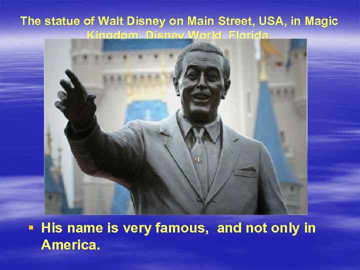 The statue of Walt Disney on Main Street, USA, in Magic Kingdom, Disney World,