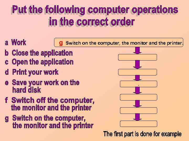 g Switch on the computer, the monitor and the printer. . 