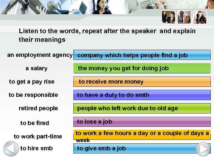 Listen to the words, repeat after the speaker and explain their meanings an employment