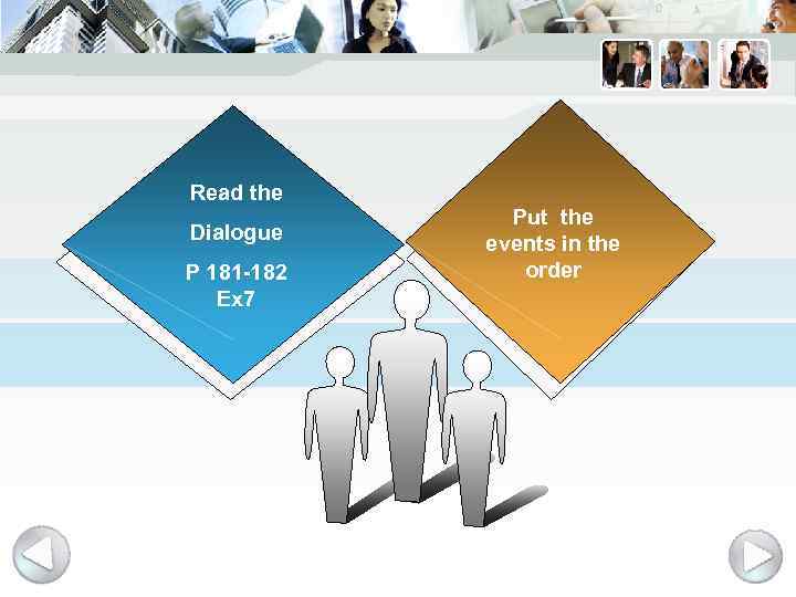 Read the Dialogue P 181 -182 Ex 7 Put the events in the order