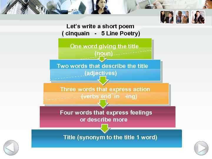 Let’s write a short poem ( cinquain - 5 Line Poetry) One word giving