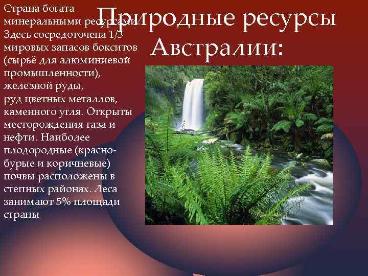 Природные ресурсы Австралии: Страна богата минеральными ресурсами. Здесь сосредоточена 1/3 мировых запасов бокситов (сырьё