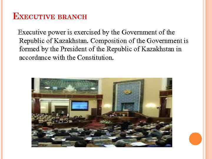 EXECUTIVE BRANCH Executive power is exercised by the Government of the Republic of Kazakhstan.