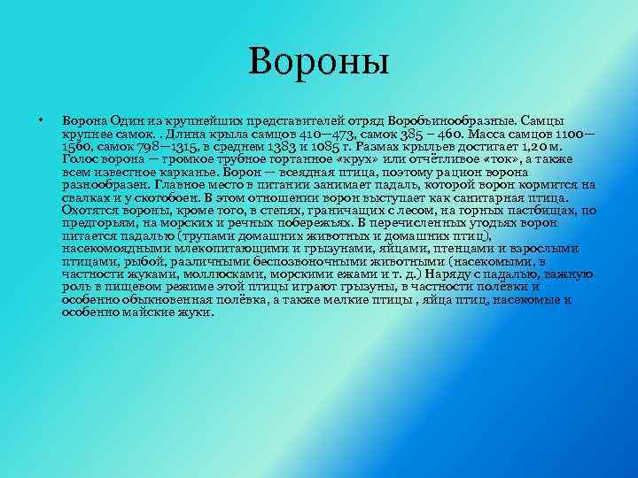 Вороны • Ворона Один из крупнейших представителей отряд Воробьинообразные. Самцы крупнее самок. . Длина