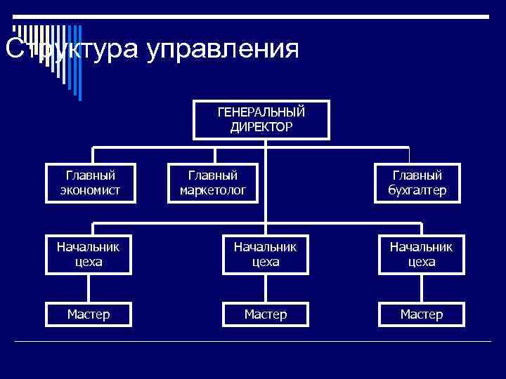 Структура управления ГЕНЕРАЛЬНЫЙ ДИРЕКТОР Главный экономист Главный маркетолог Главный бухгалтер Начальник цеха Мастер 