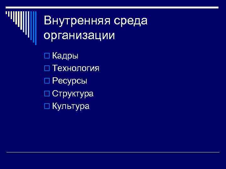 Внутренняя среда организации o Кадры o Технология o Ресурсы o Структура o Культура 