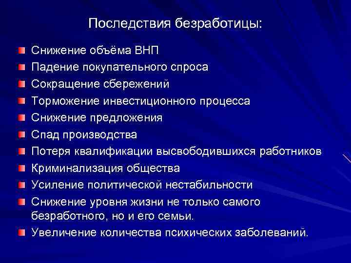 Последствия безработицы: Снижение объёма ВНП Падение покупательного спроса Сокращение сбережений Торможение инвестиционного процесса Снижение