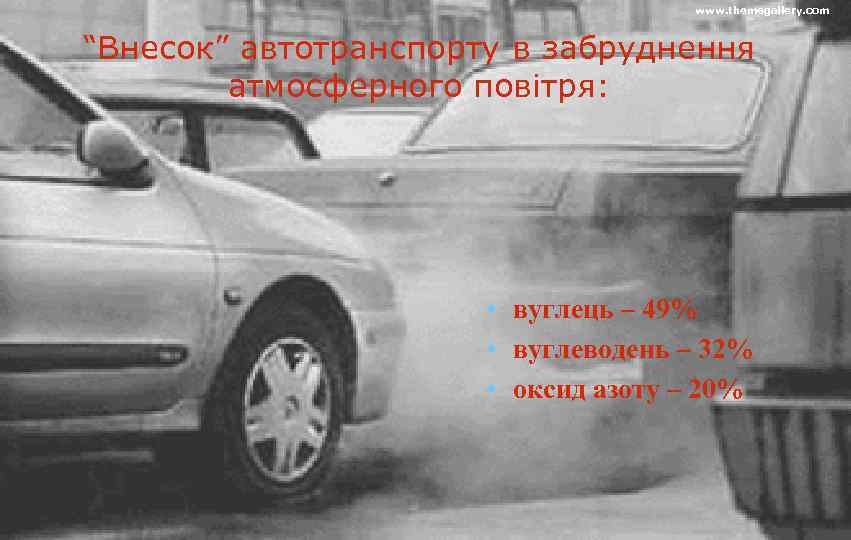 www. themegallery. com “Внесок” автотранспорту в забруднення атмосферного повітря: • вуглець – 49% •