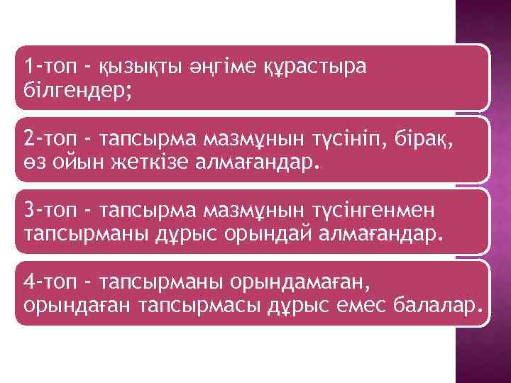 1 -топ - қызықты әңгіме құрастыра білгендер; 2 -топ - тапсырма мазмұнын түсініп, бірақ,