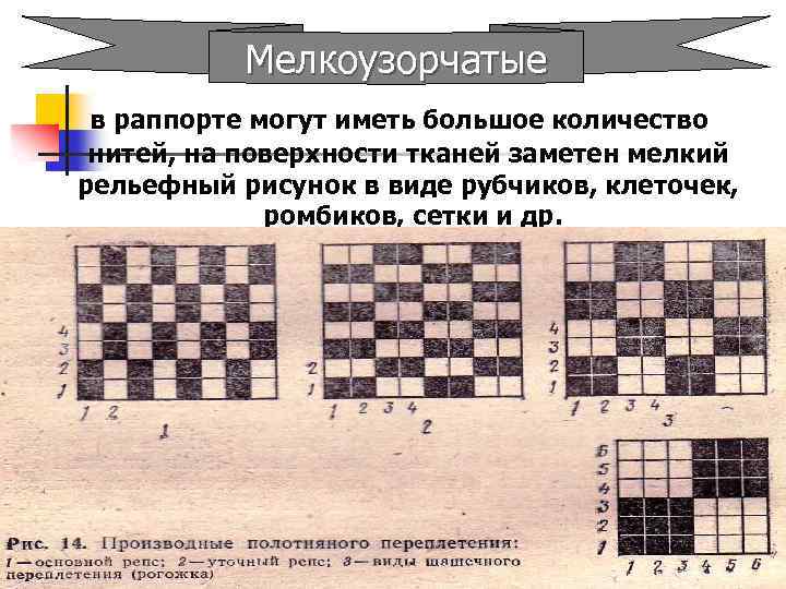 Мелкоузорчатые в раппорте могут иметь большое количество нитей, на поверхности тканей заметен мелкий рельефный