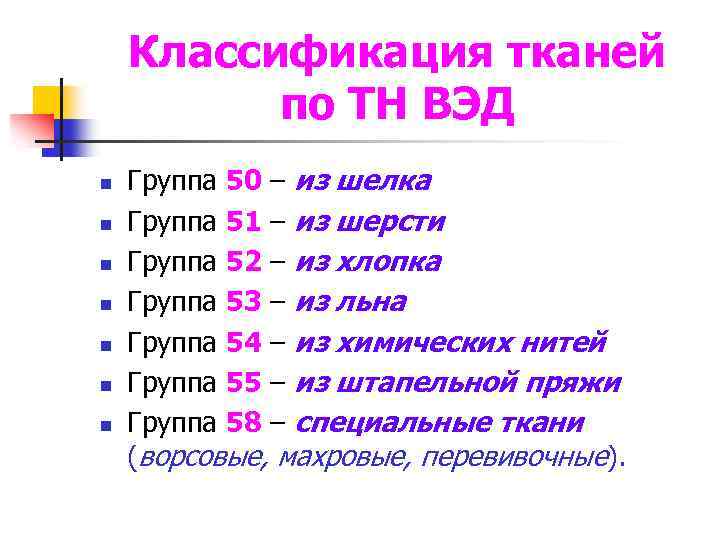 Классификация тканей по ТН ВЭД n n n n Группа 50 – из шелка