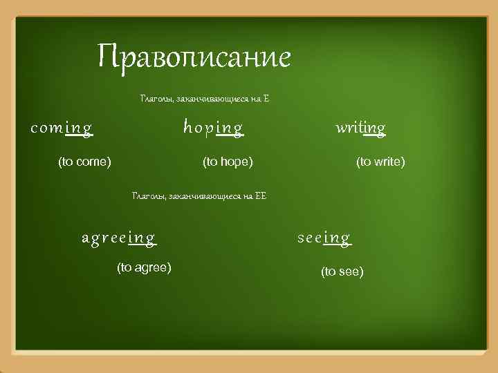 Правописание Глаголы, заканчивающиеся на E coming hoping (to come) writing (to hope) (to write)