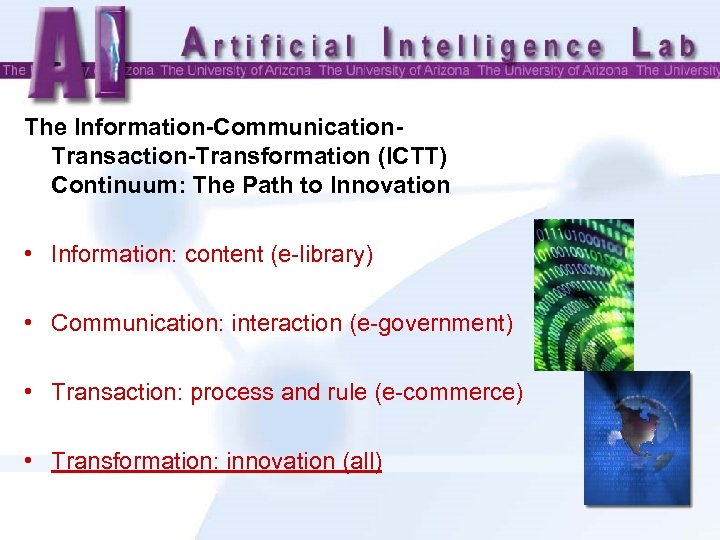 The Information-Communication. Transaction-Transformation (ICTT) Continuum: The Path to Innovation • Information: content (e-library) •