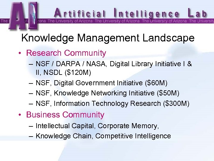 Knowledge Management Landscape • Research Community – NSF / DARPA / NASA, Digital Library