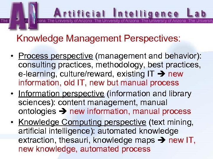 Knowledge Management Perspectives: • Process perspective (management and behavior): consulting practices, methodology, best practices,