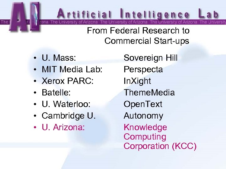 From Federal Research to Commercial Start-ups • • U. Mass: MIT Media Lab: Xerox