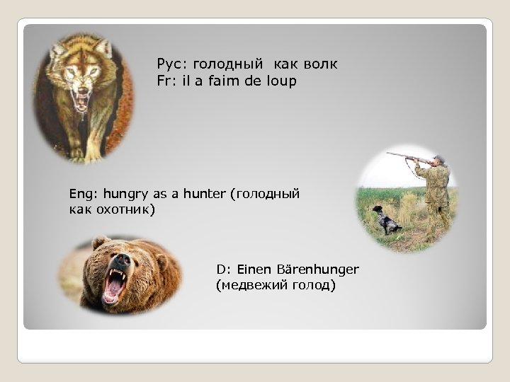 Рус: голодный как волк Fr: il a faim de loup Eng: hungry as a