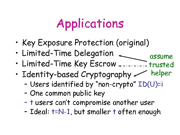 Applications • • Key Exposure Protection (original) Limited-Time Delegation assume Limited-Time Key Escrow trusted