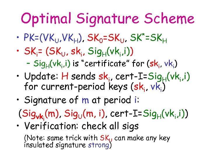 Optimal Signature Scheme • PK=(VKU, VKH), SK 0=SKU, SK*=SKH • SKi= (SKU, ski, Sig.