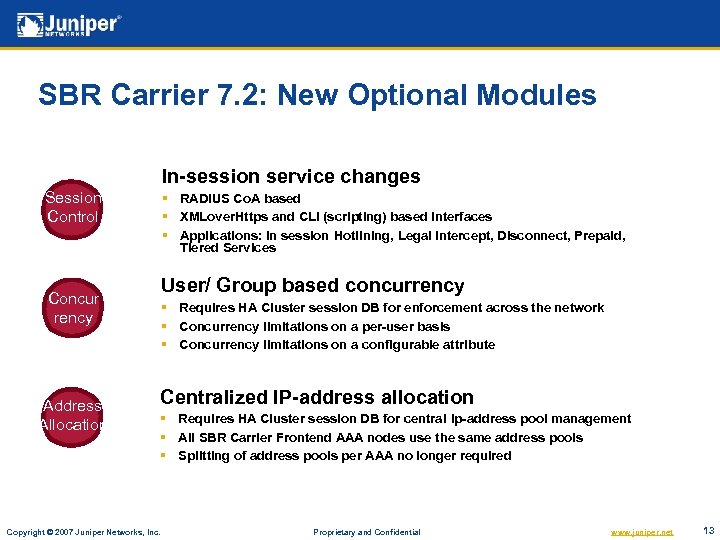 SBR Carrier 7. 2: New Optional Modules In-session service changes Session Control § RADIUS