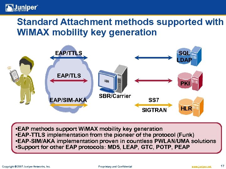 Standard Attachment methods supported with Wi. MAX mobility key generation EAP/TTLS SQL LDAP EAP/TLS