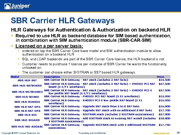 SBR Carrier HLR Gateways for Authentication & Authorization on backend HLR § Required to