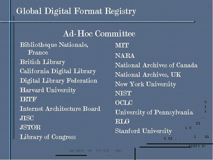 Global Digital Format Registry Ad-Hoc Committee Bibliothèque Nationale, France British Library California Digital Library