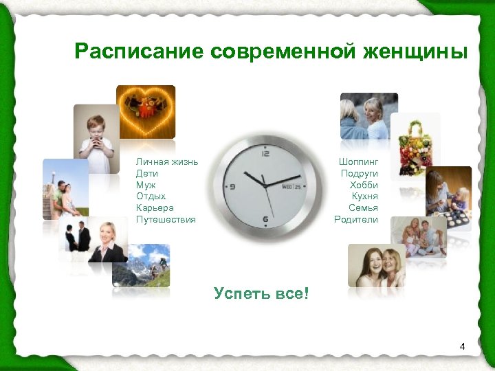 Расписание современной женщины Личная жизнь Дети Муж Отдых Карьера Путешествия Шоппинг Подруги Хобби Кухня