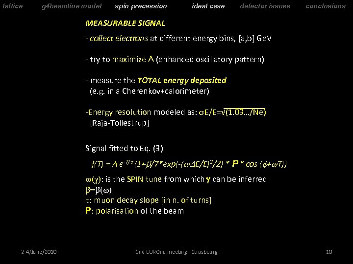 lattice g 4 beamline model spin precession ideal case detector issues conclusions MEASURABLE SIGNAL