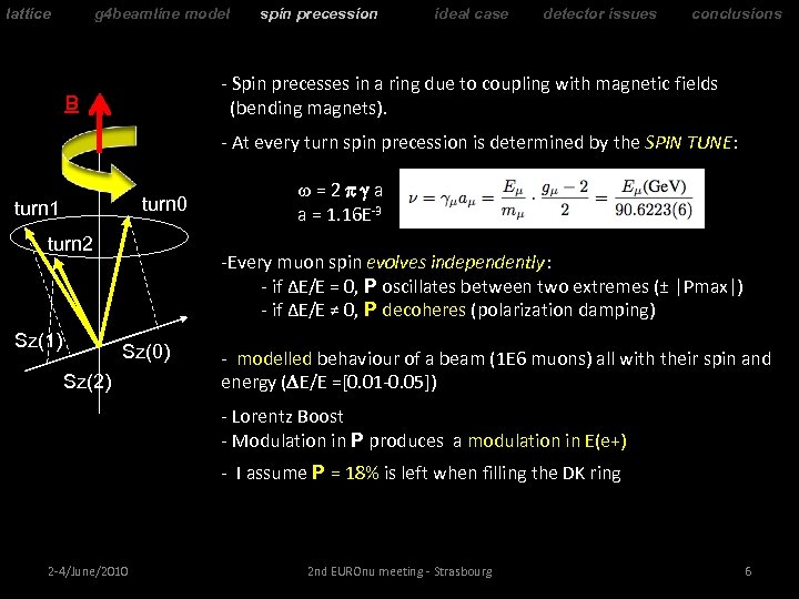 lattice g 4 beamline model spin precession ideal case detector issues conclusions - Spin