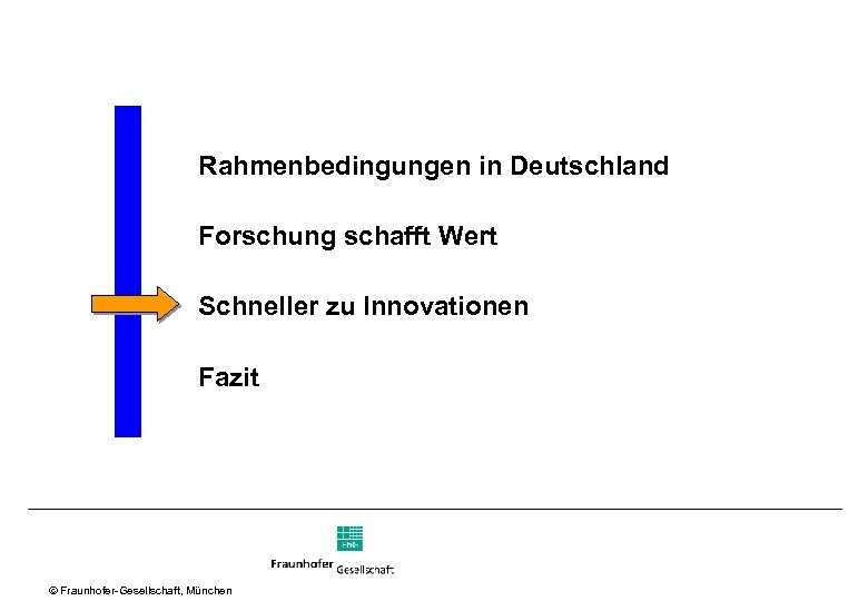 Rahmenbedingungen in Deutschland Forschung schafft Wert Schneller zu Innovationen Fazit Ó Fraunhofer Gesellschaft, München