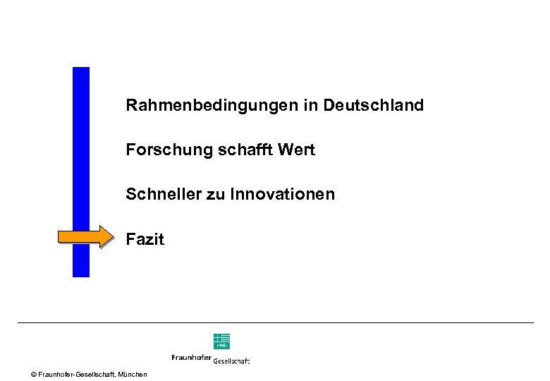Rahmenbedingungen in Deutschland Forschung schafft Wert Schneller zu Innovationen Fazit Ó Fraunhofer Gesellschaft, München