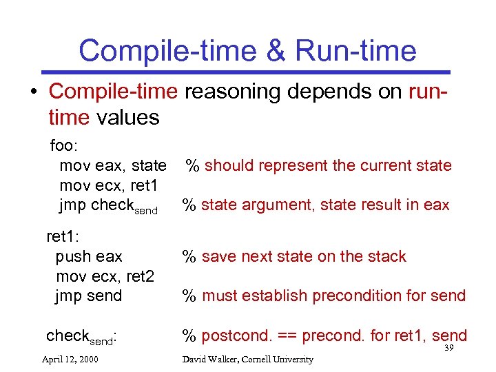 Compile-time & Run-time • Compile-time reasoning depends on runtime values foo: mov eax, state