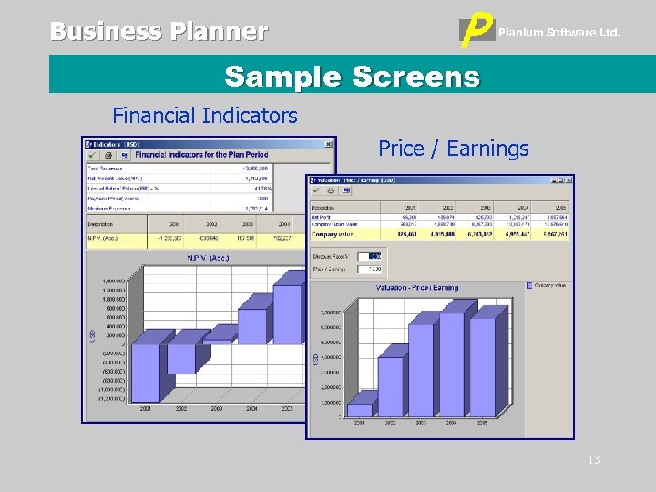 Business Planner Planium Software Ltd. Sample Screens Financial Indicators Price / Earnings 13 