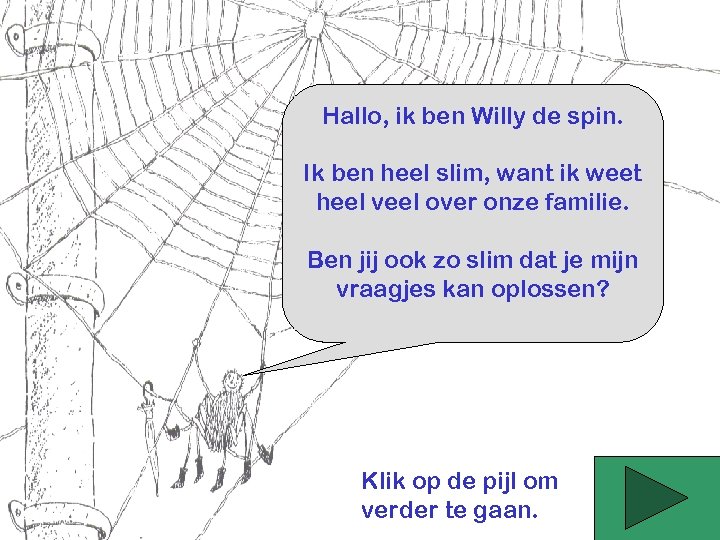 Hallo, ik ben Willy de spin. Ik ben heel slim, want ik weet heel