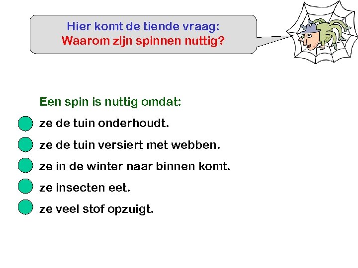 Hier komt de tiende vraag: Waarom zijn spinnen nuttig? Een spin is nuttig omdat: