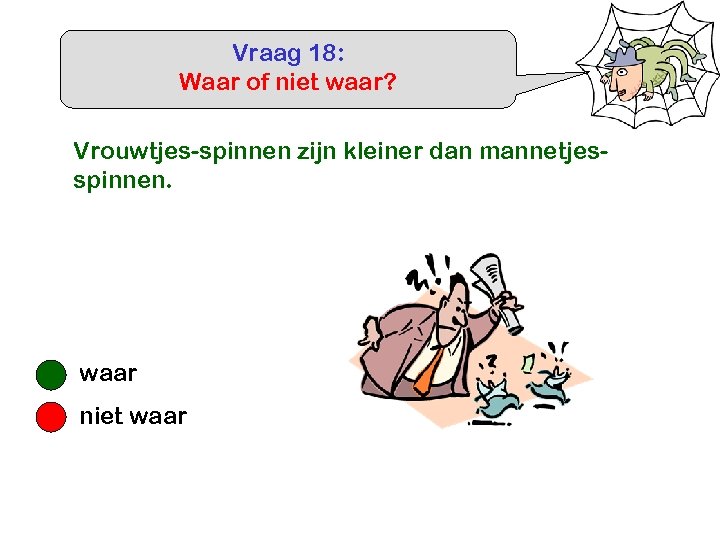 Vraag 18: Waar of niet waar? Vrouwtjes-spinnen zijn kleiner dan mannetjesspinnen. waar niet waar
