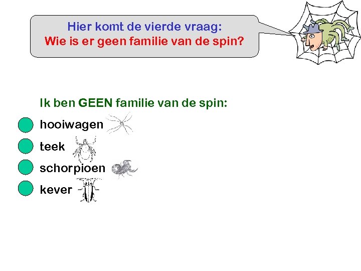 Hier komt de vierde vraag: Wie is er geen familie van de spin? Ik