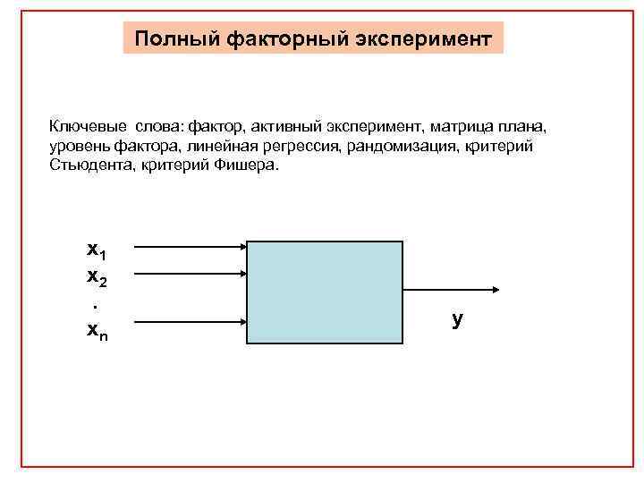 Полный факторный эксперимент Ключевые слова: фактор, активный эксперимент, матрица плана, уровень фактора, линейная регрессия,