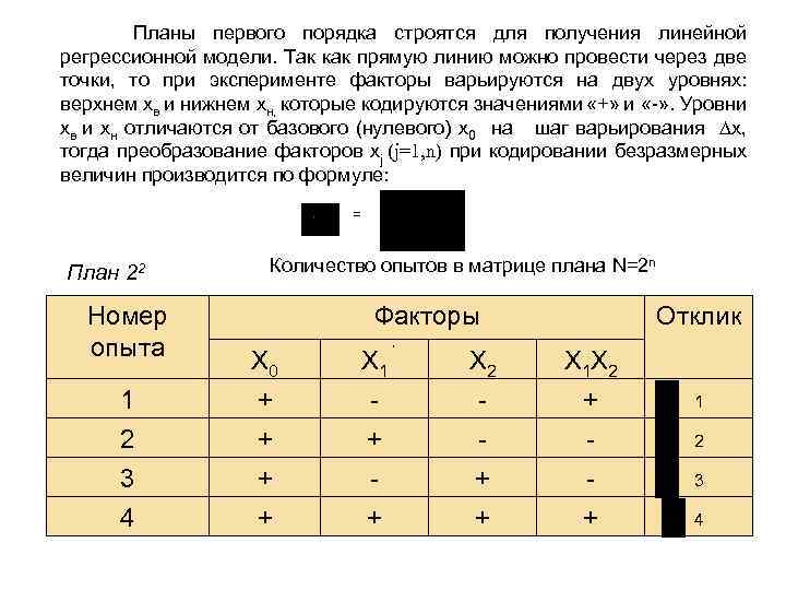 Планы первого порядка строятся для получения линейной регрессионной модели. Так как прямую линию можно