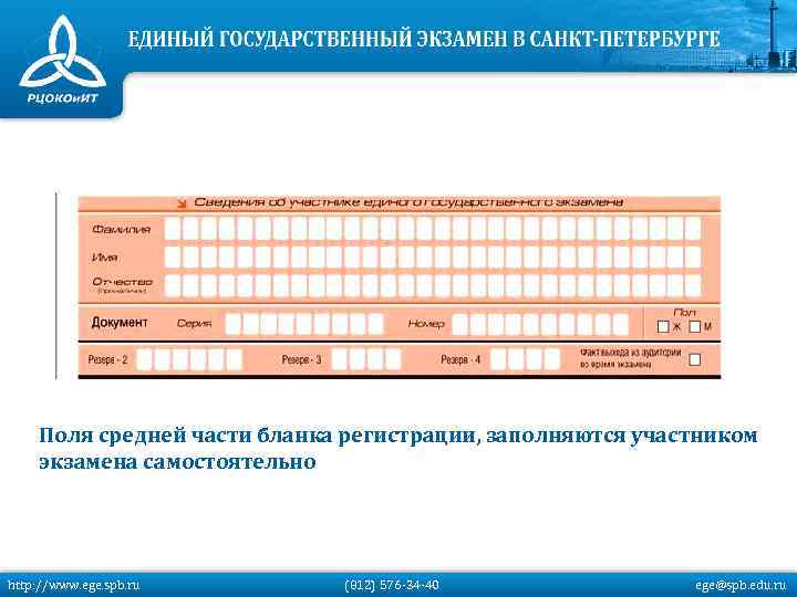 Поля средней части бланка регистрации, заполняются участником экзамена самостоятельно http: //www. ege. spb. ru