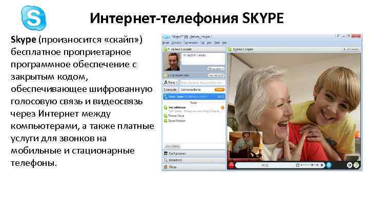 Интернет-телефония SKYPE Skype (произносится «скайп» ) бесплатное проприетарное программное обеспечение с закрытым кодом, обеспечивающее