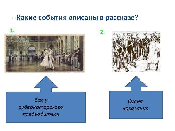 - Какие события описаны в рассказе? 1. 2. бал у губернаторского предводителя Сцена наказания