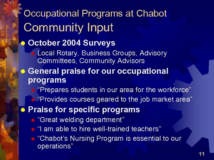 Occupational Programs at Chabot Community Input ® October 2004 Surveys ® Local Rotary, Business