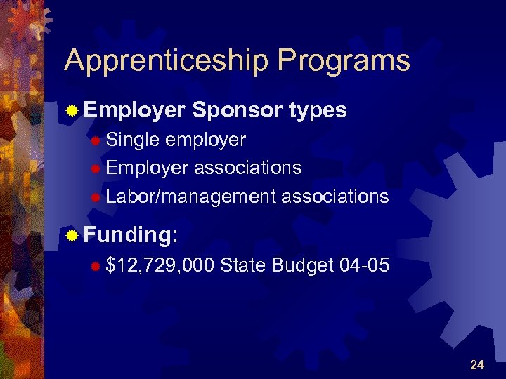 Apprenticeship Programs ® Employer Sponsor types ® Single employer ® Employer associations ® Labor/management
