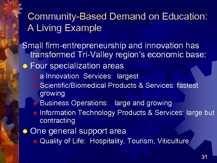 Community-Based Demand on Education: A Living Example Small firm-entrepreneurship and innovation has transformed Tri-Valley